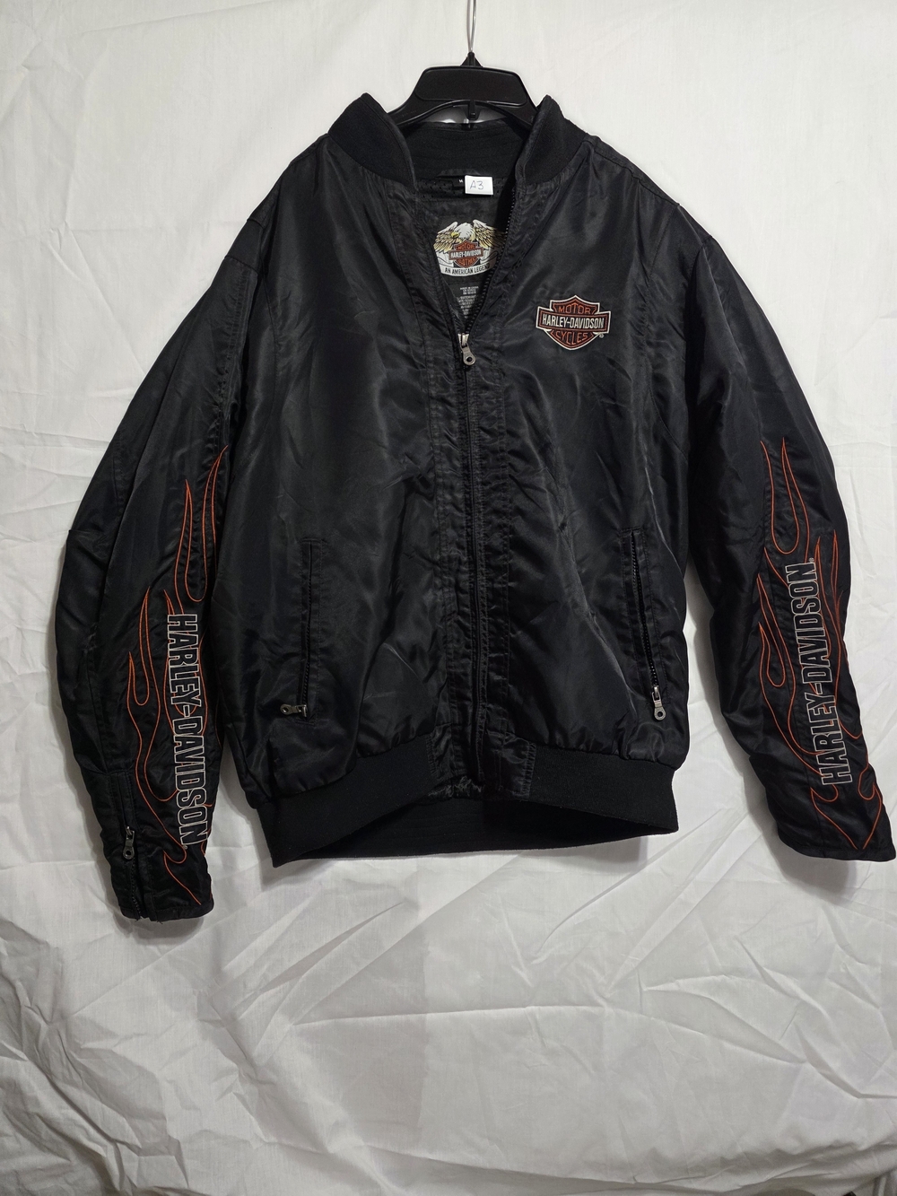 Harley-Davidson Black Bomber Jacket with Orange Sleeve Flames, Size M.